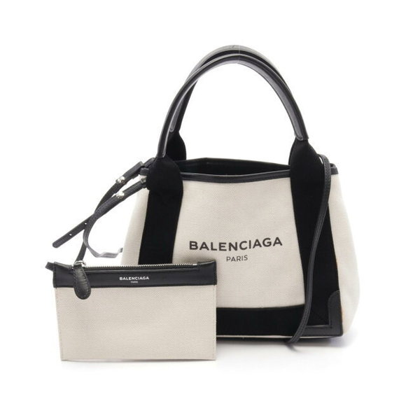 BALENCIAGA Navy Blue CABAS Tote Bag Leather Ivory White Black - Picture 1 of 7
